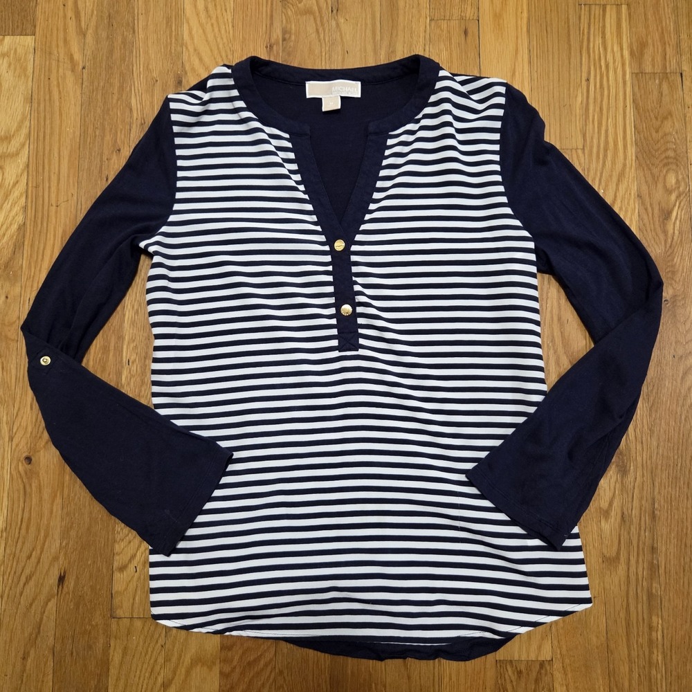 Michael Kors Convertible Sleeve Navy Blue And White Chiffon‎ Accent Suze Medium